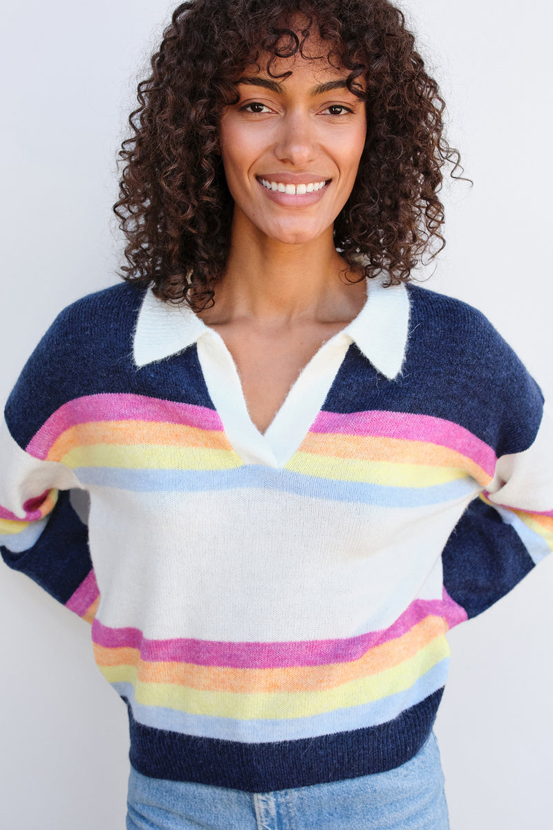 Sundry Johnny Collar Sweatshirt in Multicolor Stripes-close up