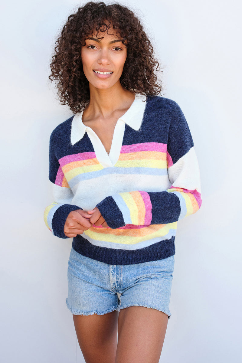 Sundry Johnny Collar Sweatshirt in Multicolor Stripes-front