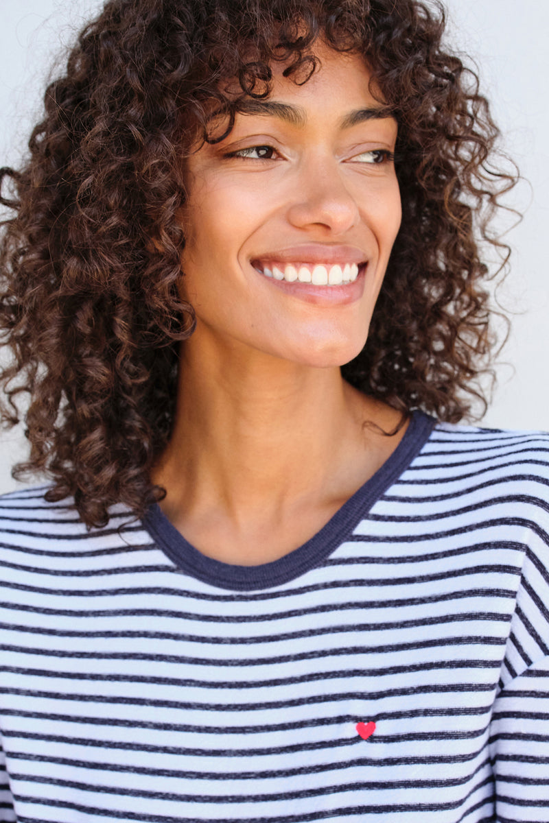 Sundry Heart Stripe Long Sleeve Crew in White-close up 