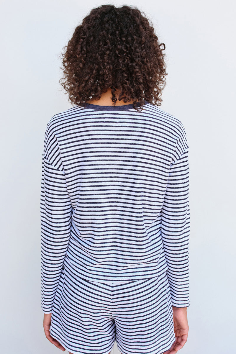 Sundry Heart Stripe Long Sleeve Crew in White-back