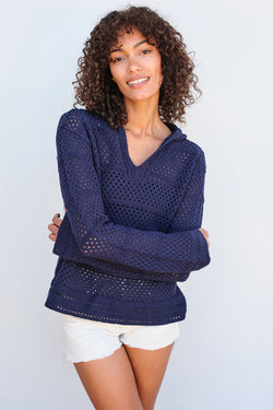 Sundry Crochet Beach Hoodie in Navy