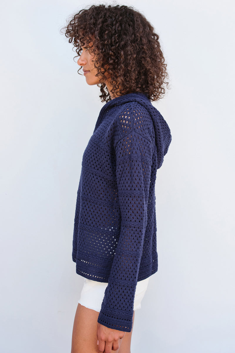 Sundry Crochet Beach Hoodie in Navy