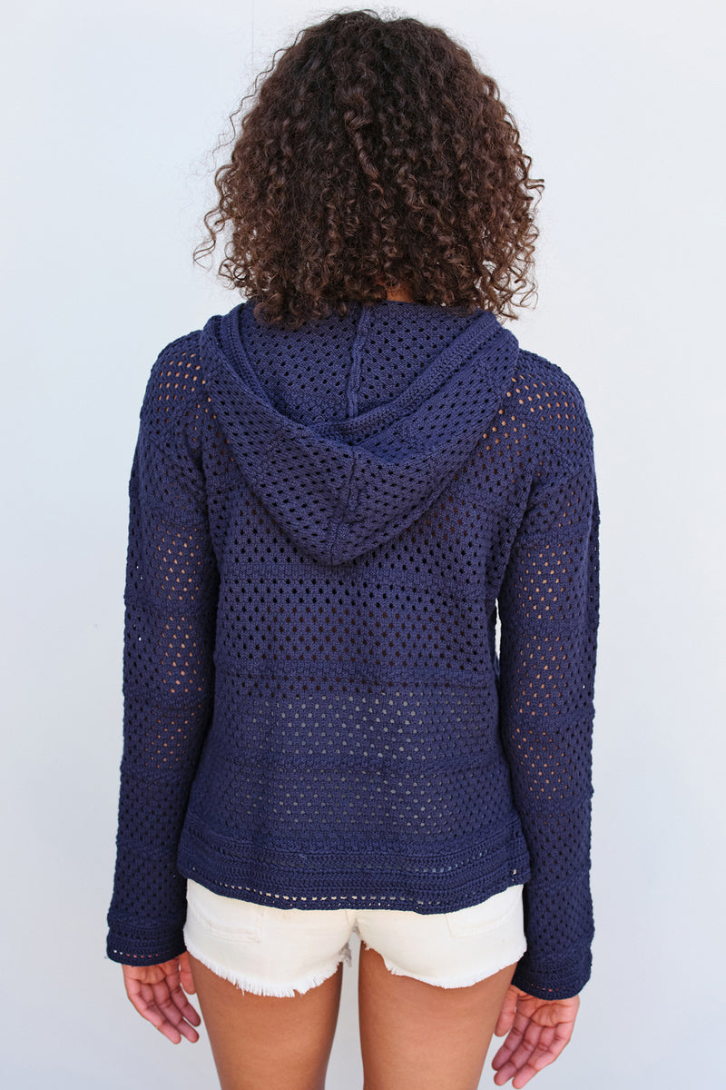 Sundry Crochet Beach Hoodie in Navy