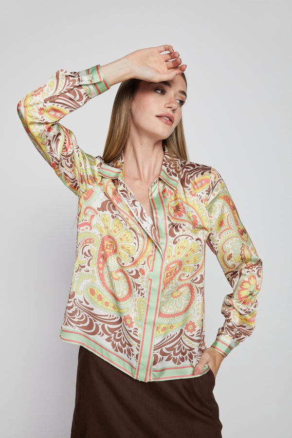 Bailey 44 Leni Print Top in Scarf Print-3/4 front view model has her hand on her forehead and is looking away