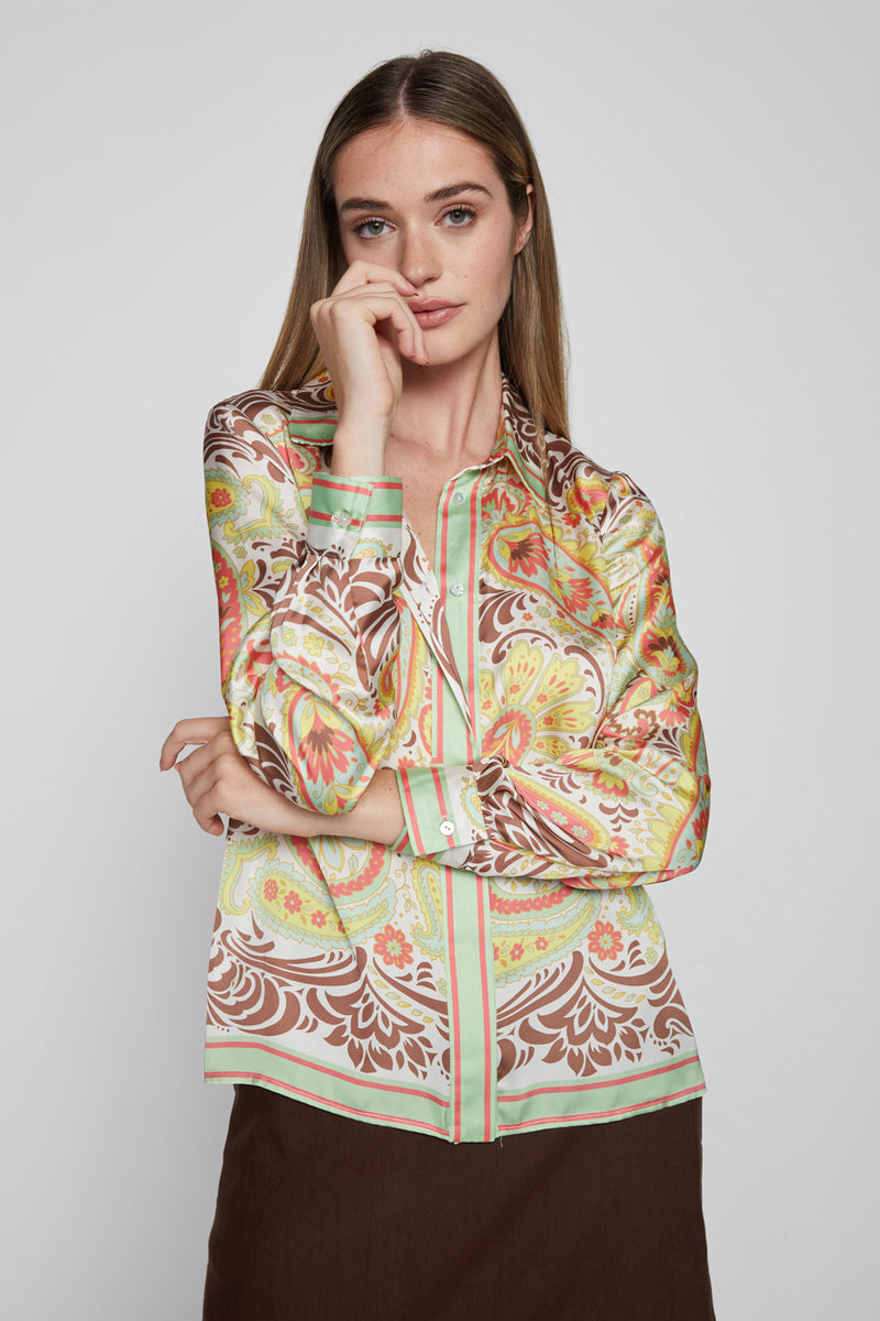 Bailey 44 Leni Print Top in Scarf Print-3/4 view model has her hand to her mouth 