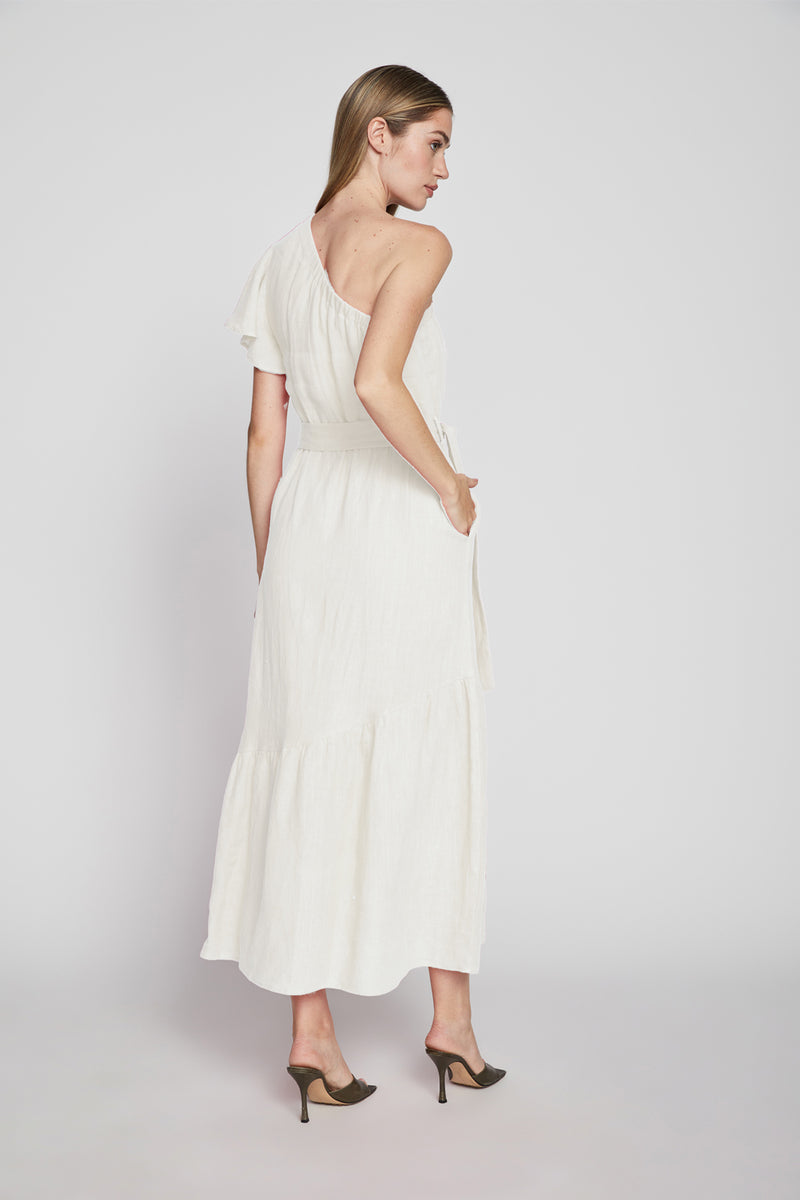 Bailey 44 Stevie Linen Dress in Creme-full body back view and model has her hands in her pocket