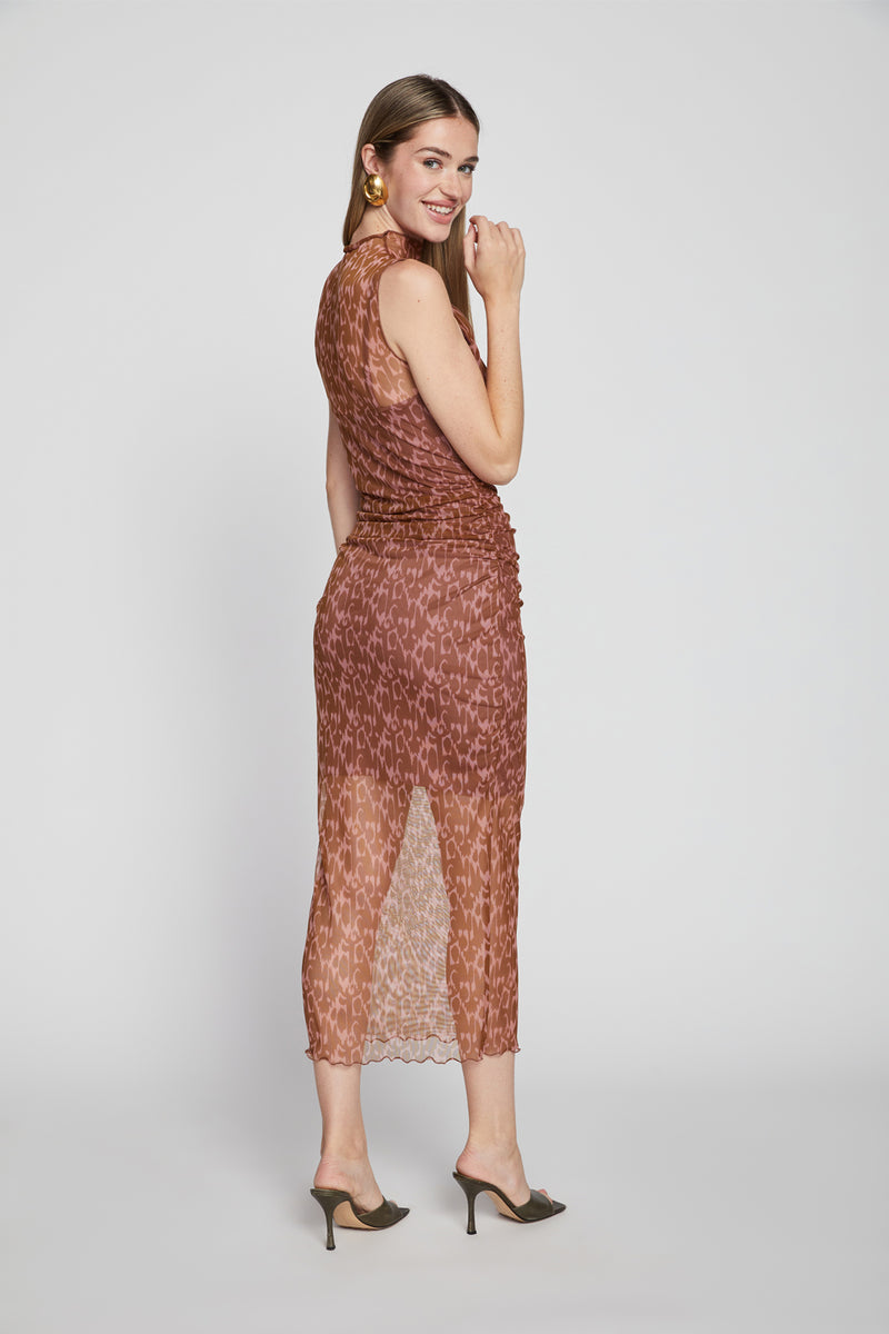 Bailey 44 Saturn Mesh Dress in Ikat Animal Print Success A-back view model is smiling 