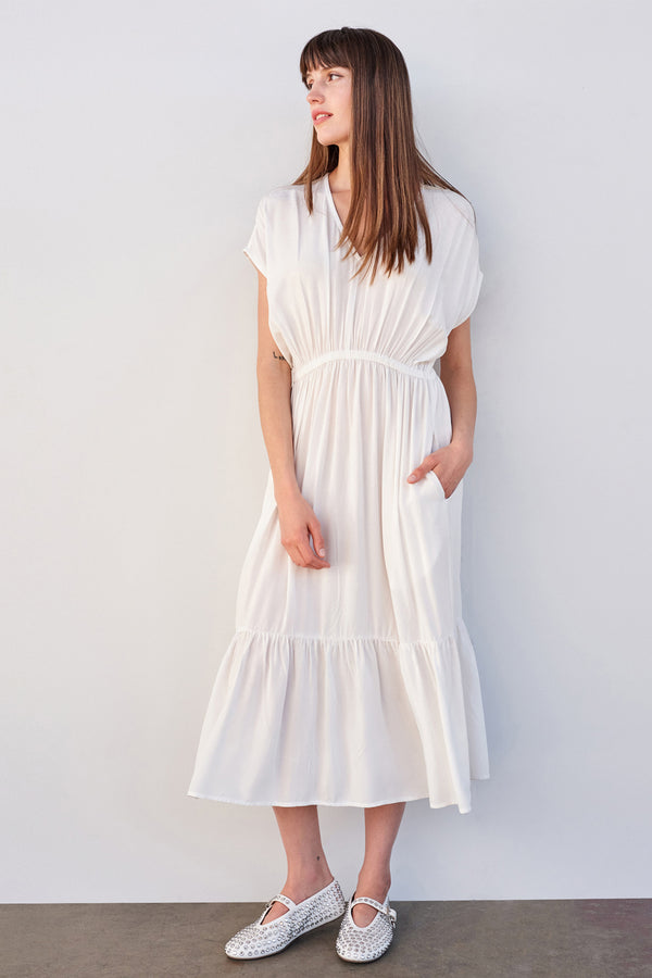 Sundry Midi Dress with Ruffle in Cream