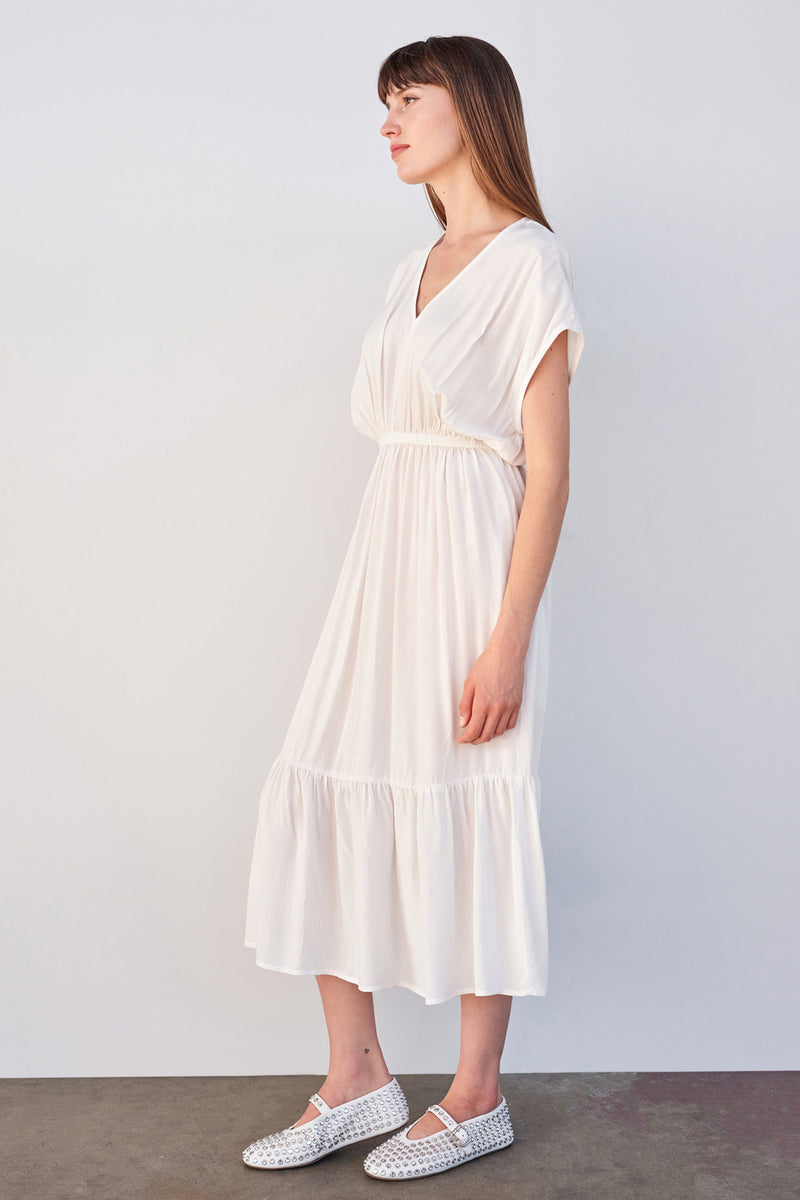 Sundry Midi Dress with Ruffle in Cream