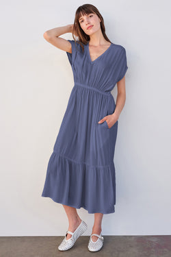 Sundry Midi Dress with Ruffle in Navy