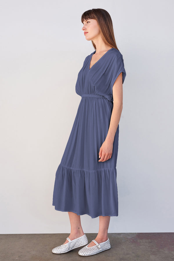 Sundry Midi Dress with Ruffle in Navy