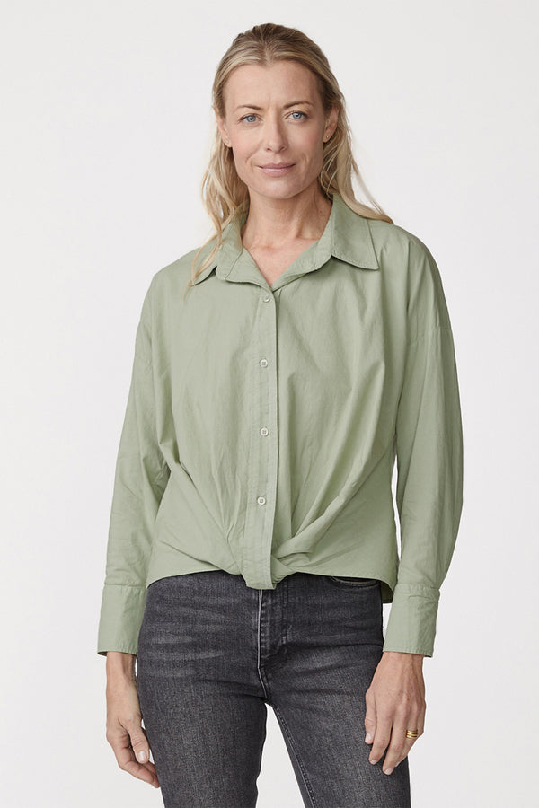 Voile Long Sleeve Front Twist Shirt in Fern-3/4 front