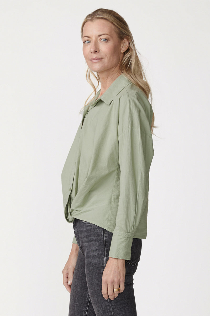 Voile Long Sleeve Front Twist Shirt in Fern-3/4 side view