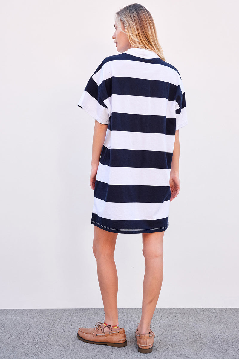 Sundry Rugby Stripe Polo Shirt Dress in Optic White-full body back