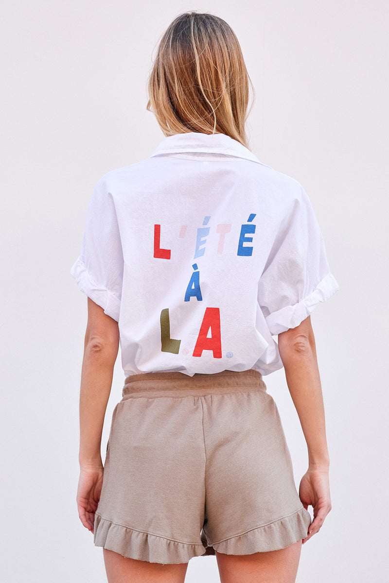 Sundry Lete a LA Roll Short Sleeve Shirt in Optic White-back letters