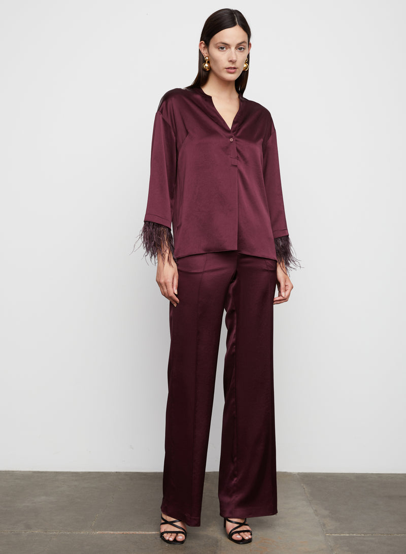 Nevaeh Satin Feathered Top in Burgundy -  Bailey/44.