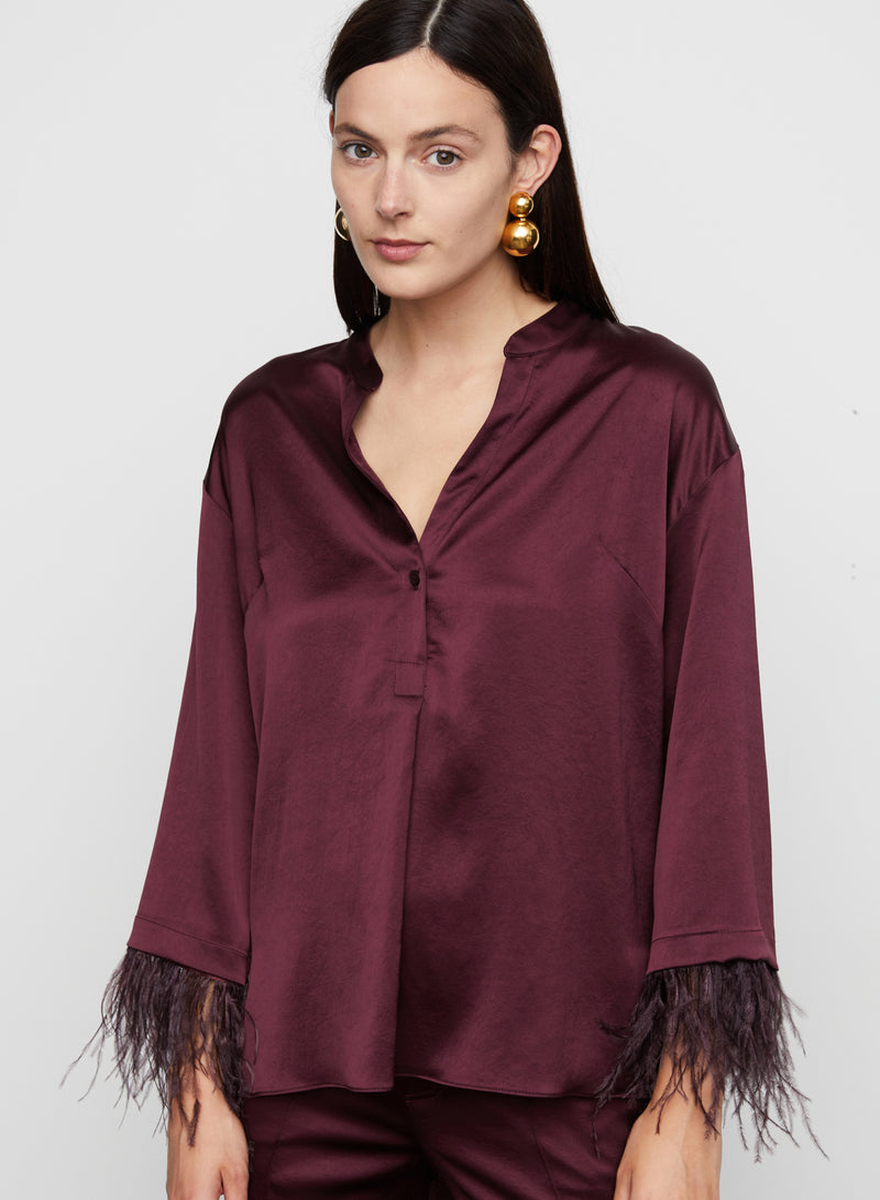 Nevaeh Satin Feathered Top in Burgundy -  Bailey/44.