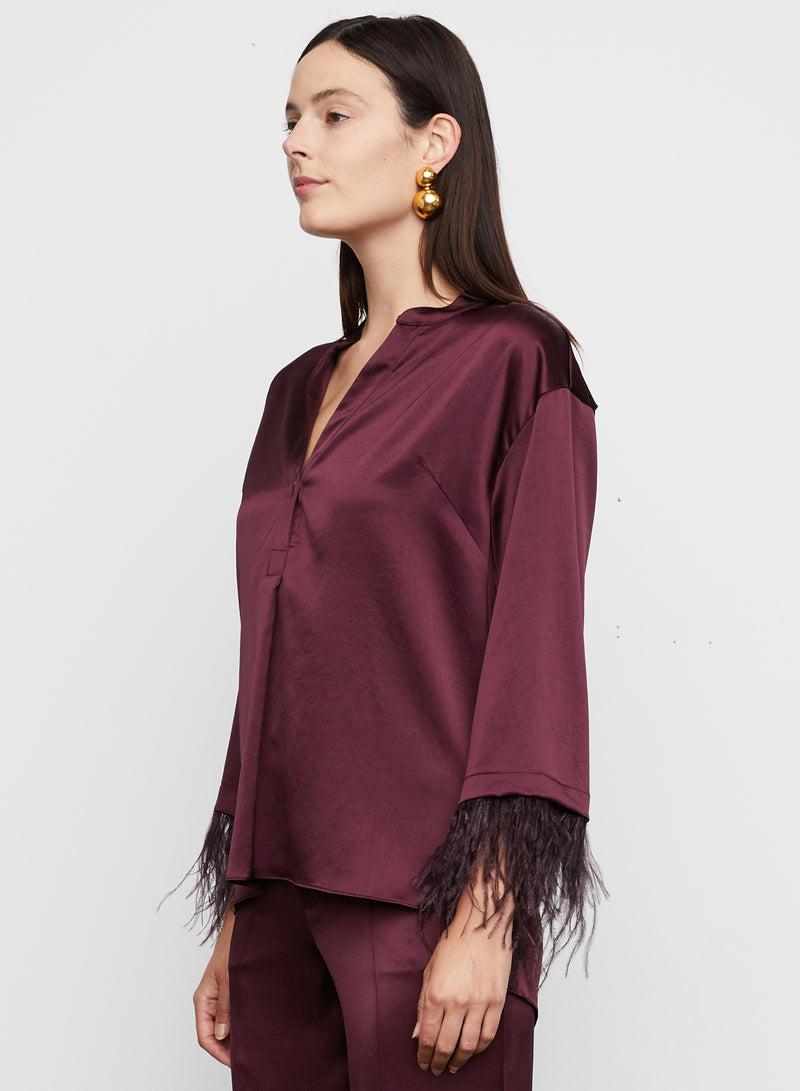 Nevaeh Satin Feathered Top in Burgundy -  Bailey/44.