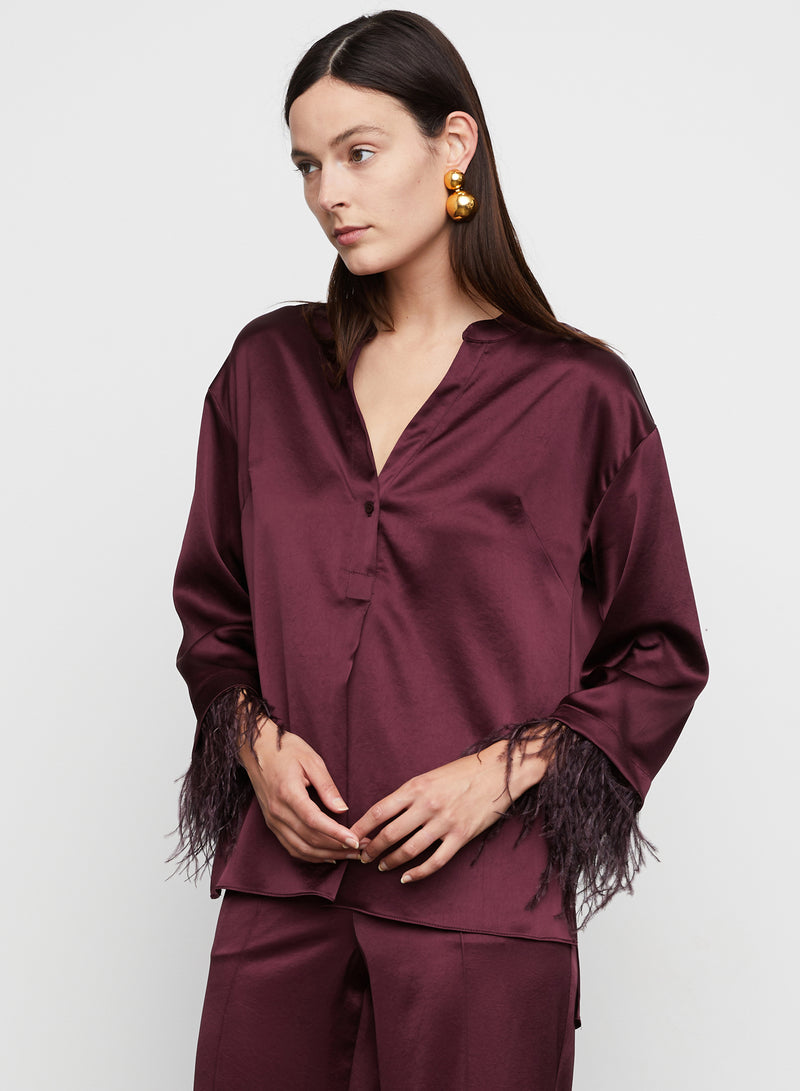 Nevaeh Satin Feathered Top in Burgundy -  Bailey/44.