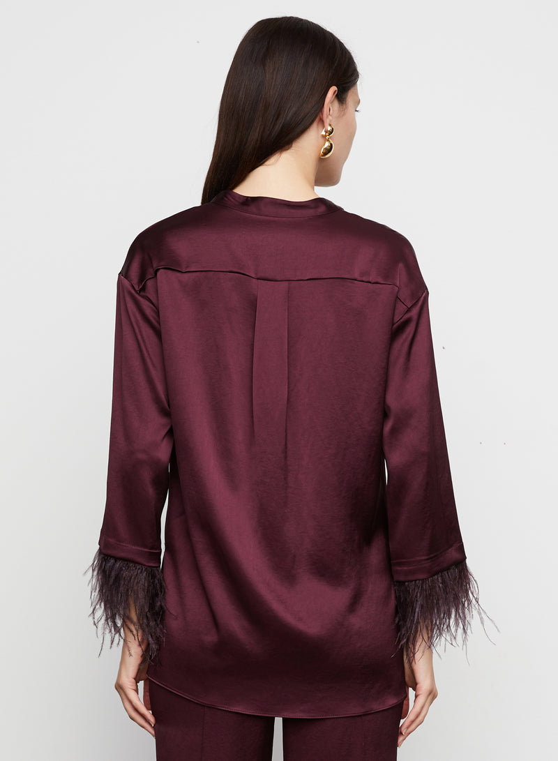 Nevaeh Satin Feathered Top in Burgundy -  Bailey/44.