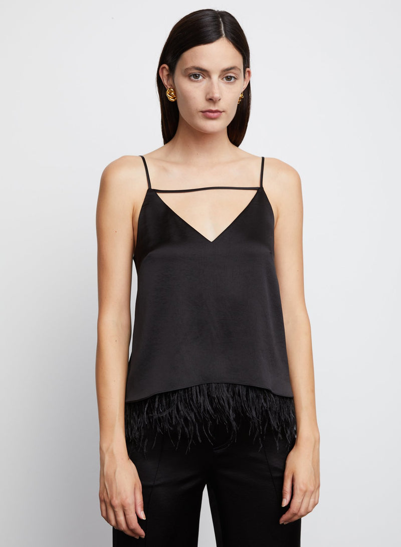 Serenity Feather Trim Silk Camisole in Black -  Bailey/44.