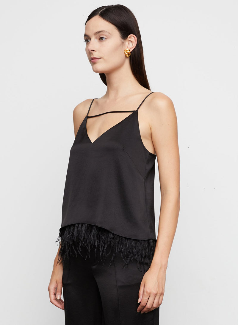 Serenity Feather Trim Silk Camisole in Black -  Bailey/44.