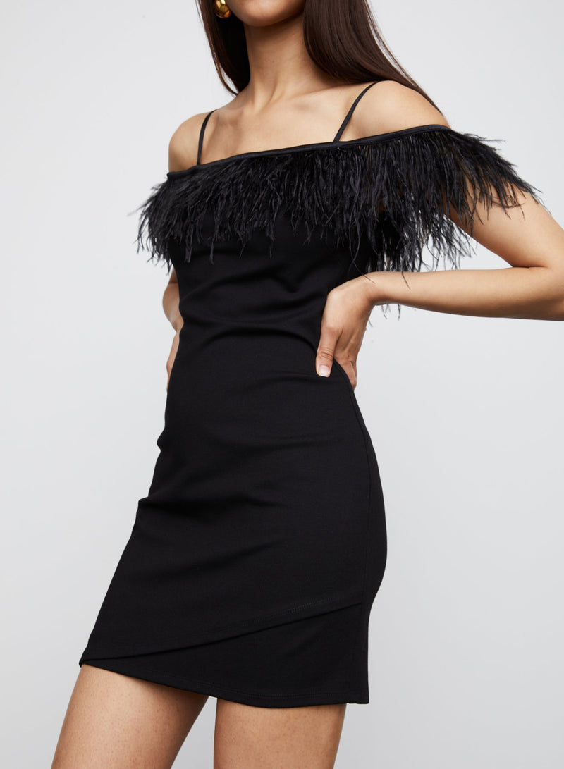 Morgan Body Con Feather Trim Dress in Black -  Bailey/44.