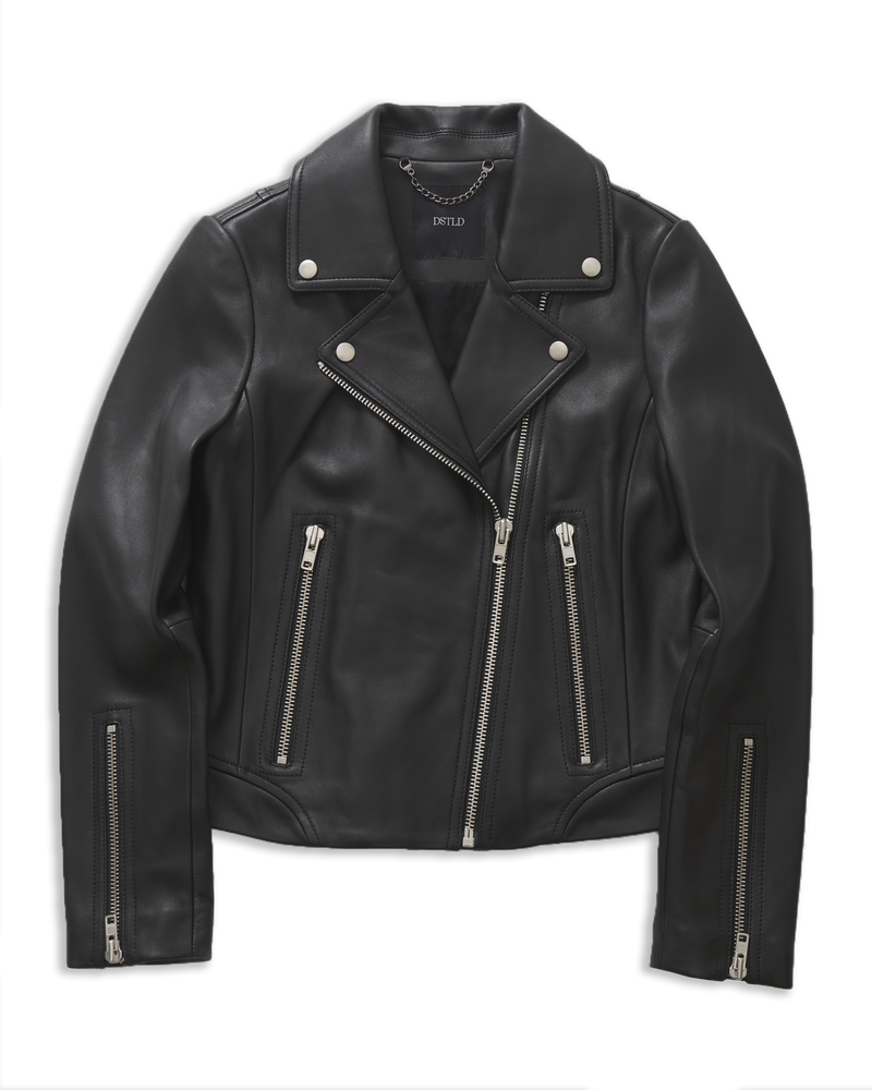 DSTLD Women's Leather Biker Jacket in Black with Silver Hardware