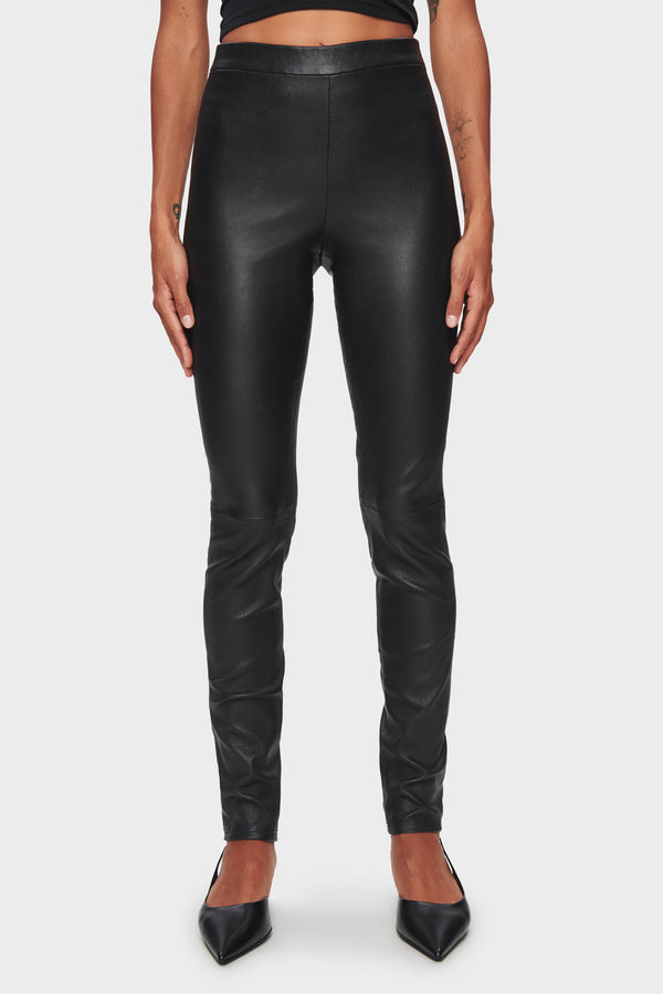 DSTLD Women's Leather Leggings in Black - front close